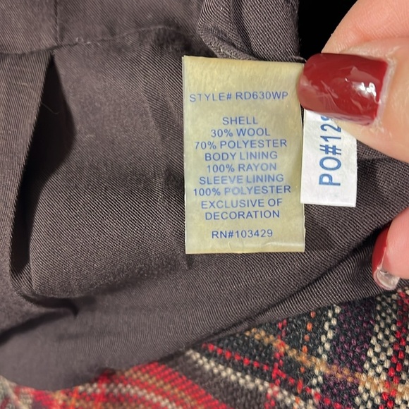 Plaid belted tweed large button peplum hem lined jacket Sz S/M Red/Brwn - Picture 13 of 14